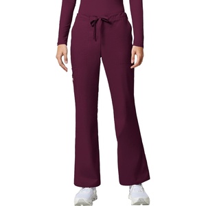 image:imageCherokee Scrub Pants for Women Mid Rise Flare Leg Drawstring Cargo Medical Uniform 4 Pocket Durable Easy Care Stretch  4044Wine
