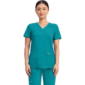 image:imageCherokee Scrubs Top for Women Mock Wrap with 3 Pockets Soft 2Way Stretch amp Durable Fabric  WW610Teal Blue