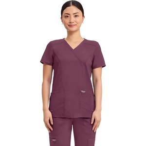 image:imageCherokee Scrubs Top for Women Mock Wrap with 3 Pockets Soft 2Way Stretch amp Durable Fabric  WW610Wine