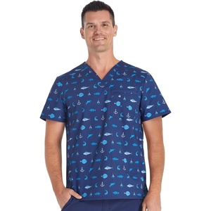 image:imageCherokee Genuine Prints Scrub Tops for Men VNeck Print Chest PocketGone Fishin