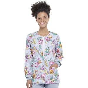 image:imageCherokee Printed Women Warm Up Scrub Jacket with 2 PocketsFriendly Flowers