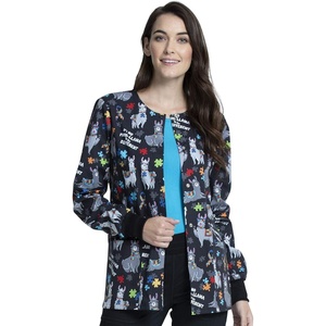 image:imageCherokee Printed Women Warm Up Scrub Jacket with 2 PocketsLlama Love