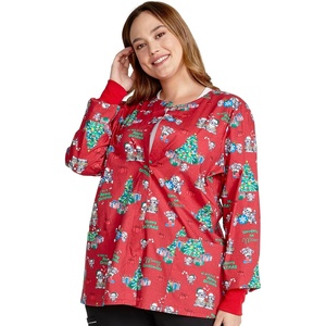 image:imageCherokee Printed Women Warm Up Scrub Jacket with 2 PocketsMeowy Christmouse