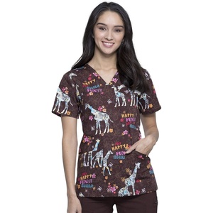 image:imageCherokee Scrubs for Women Printed V Neck 2 Welt PocketsJoyful Giraffe