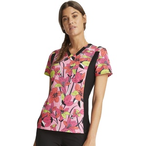 image:imageCherokee iFlex Women Scrubs Top VNeck Knit Panel CK641Retro Blooms