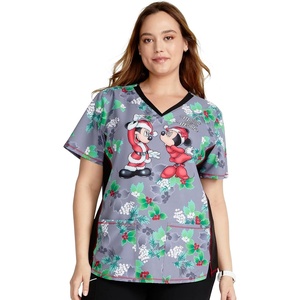 image:imageCherokee Womens VNeck Printed Scrub Top Contemporary Fit with Contrast Panels Princess Seams amp Patch Pockets  TF783Under the Mistletoe