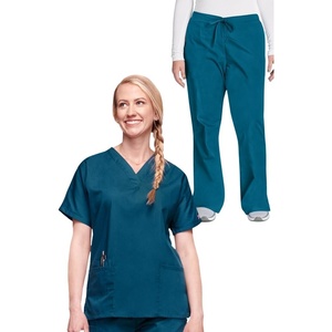 image:imageCherokee Scrub Set for Women VNeck Top amp Flare Drawstring PantCaribbean Blue
