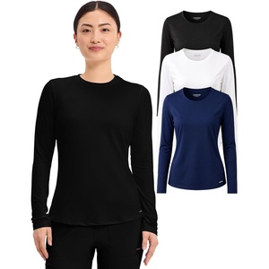image:imageCherokee Underscrub Long Sleeve Womens Knit Tee Nursing Underscrubs Crew Neck Layering Top for Women  CK773Black  White  Navy  3 Pack
