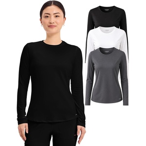 image:imageCherokee Underscrub Long Sleeve Womens Knit Tee Nursing Underscrubs Crew Neck Layering Top for Women  CK773Black  White  Pewter  3 Pack