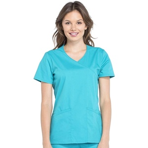 image:imageCherokee WW Professionals Scrub Tops Women Mock Wrap 3 PocketsTeal Blue