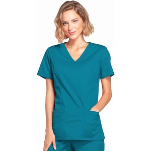 image:imageCherokee Core Stretch Scrub Tops Women Mock Wrap 3 PocketsCaribbean Blue