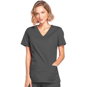 image:imageCherokee Core Stretch Scrub Tops Women Mock Wrap 3 PocketsPewter