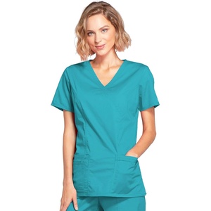 image:imageCherokee Core Stretch Scrub Tops Women Mock Wrap 3 PocketsTeal Blue