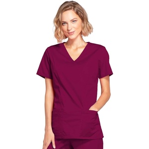image:imageCherokee Core Stretch Scrub Tops Women Mock Wrap 3 PocketsWine
