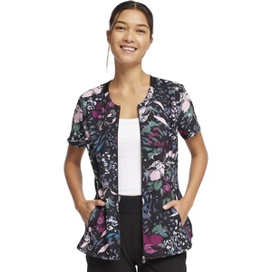 image:imageCherokee Infinity Women Scrubs Top Round Neck Zip Front Print CK772